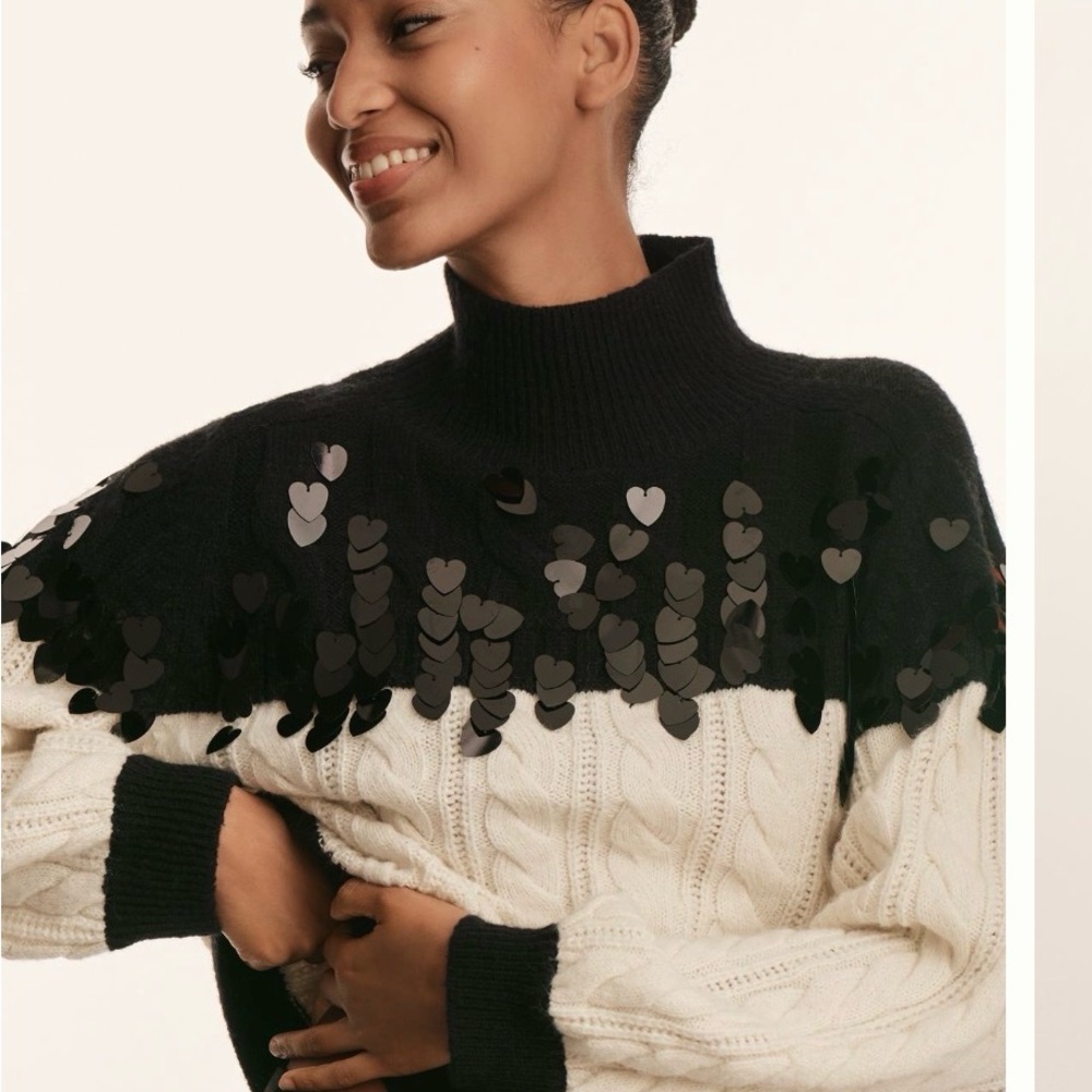 Maeve Black and Cream Heart Detail Turtleneck Sweater